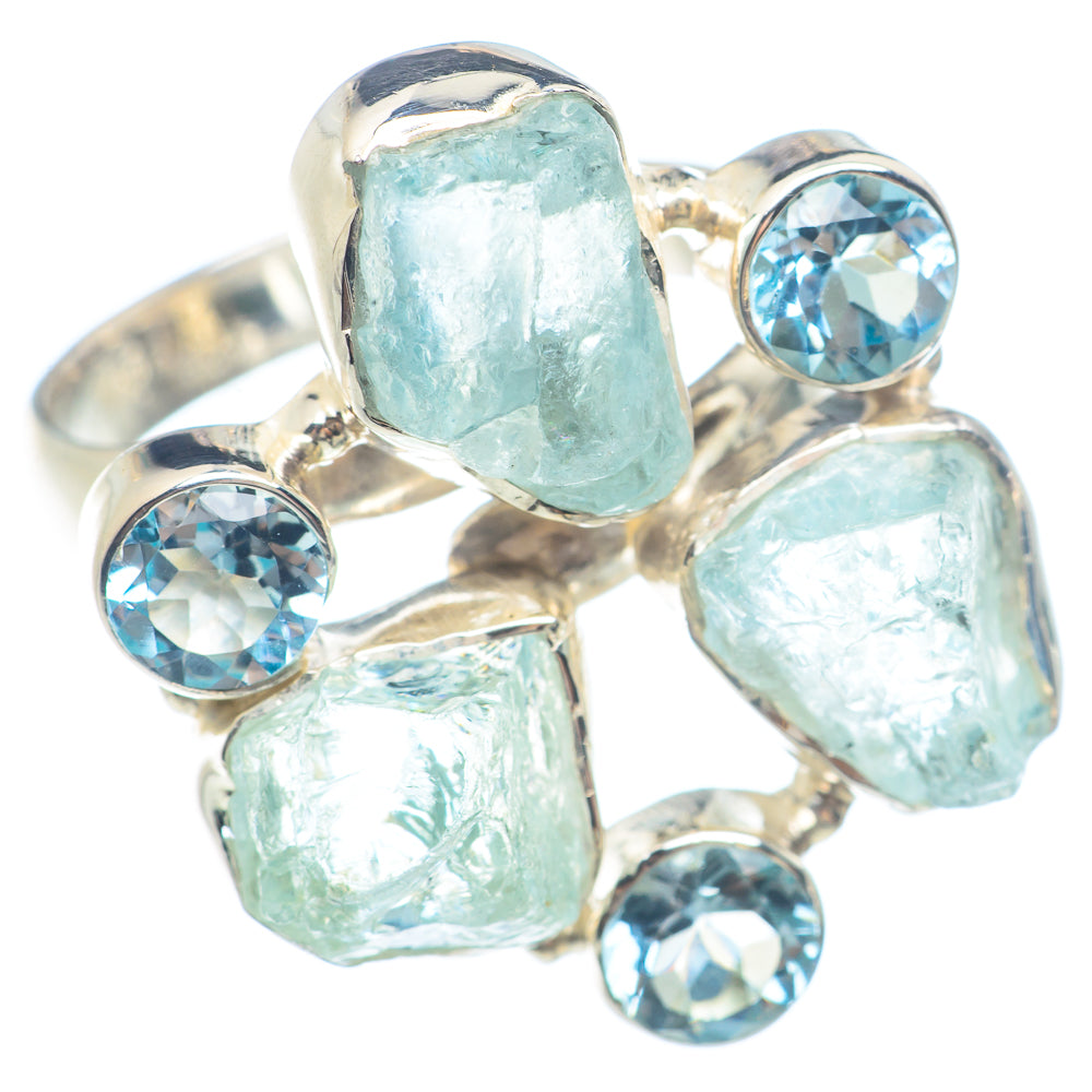 Sterling silver cluster ring with rough aquamarine stones and round blue topaz accents
