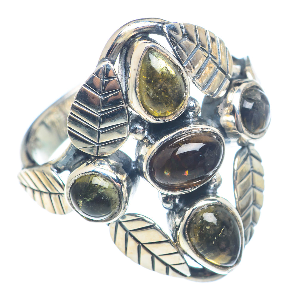 Sterling silver tourmaline ring, oval cabochons in amber and green with raised textures