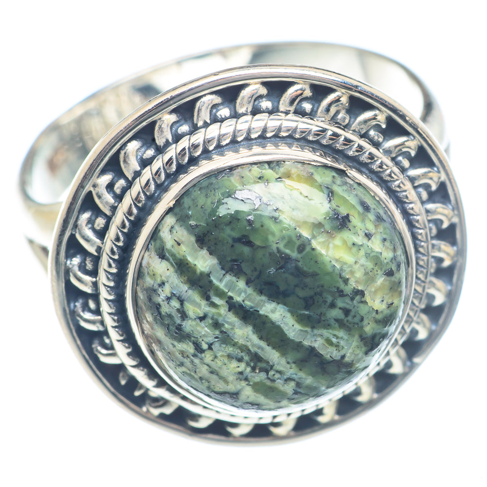 Sterling silver ring with oval green jasper cabochon and detailed rope-edge setting