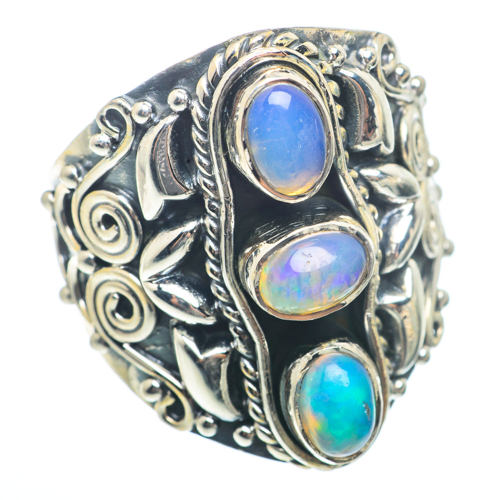 Sterling silver opal ring, three oval blue stones, ornate filigree setting