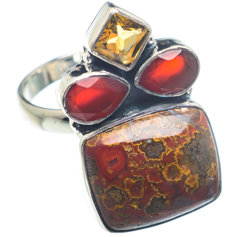 Sterling silver ring with square yellow stone, red side stones, and large red jasper rectangle