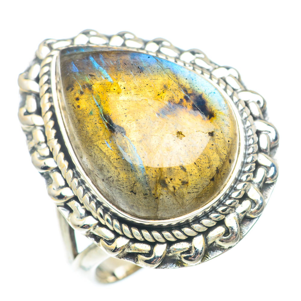 Labradorite ring featuring oval yellow-blue flash stone in detailed 925 sterling silver setting