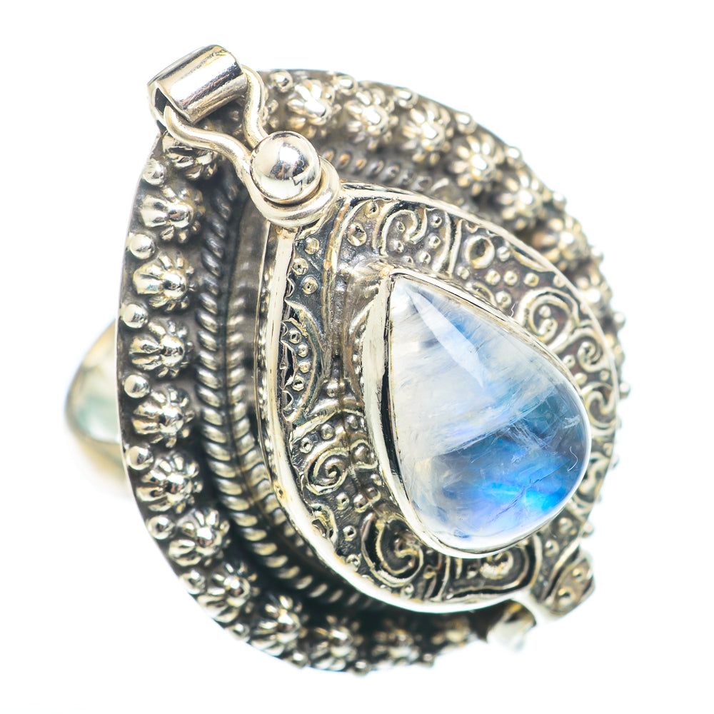 Sterling silver poison ring with teardrop rainbow moonstone and ornate filigree band