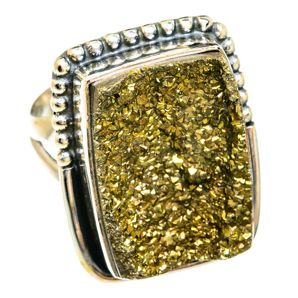 Square druzy pyrite ring, gold crystal-textured face in sterling silver bezel and prong frame