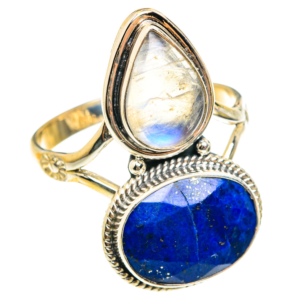 Silver ring with oval lapis lazuli and moonstone, rope-edged bezels