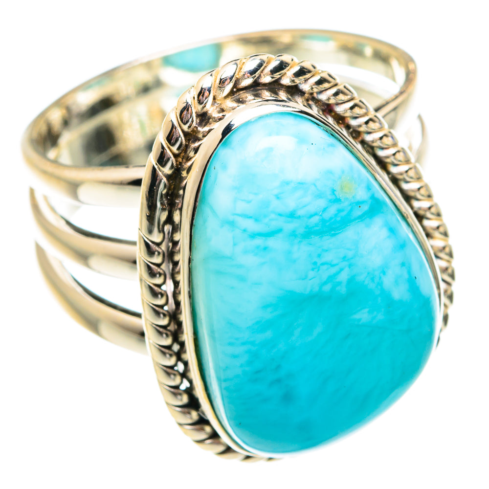 Larimar oval turquoise ring with ornate beadwork edge and ridged band