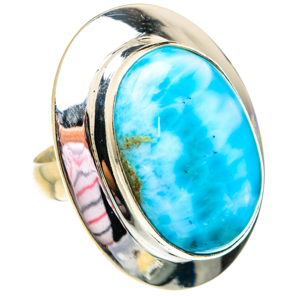 Sterling silver larimar ring with oval blue stone, domed bezel and wide band