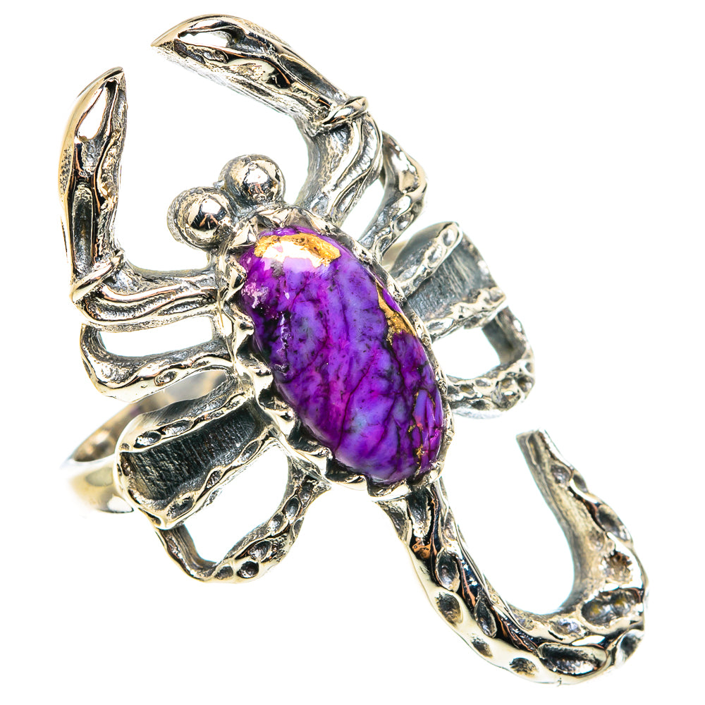 Sterling silver scorpion ring with purple oval gemstone and detailed claws
