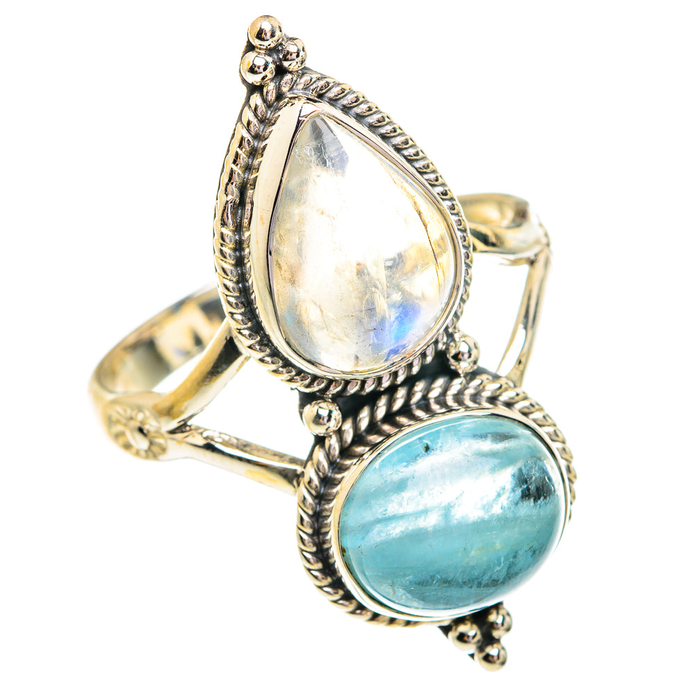 Teardrop rainbow moonstone and blue aquamarine silver ring with braided bezel setting
