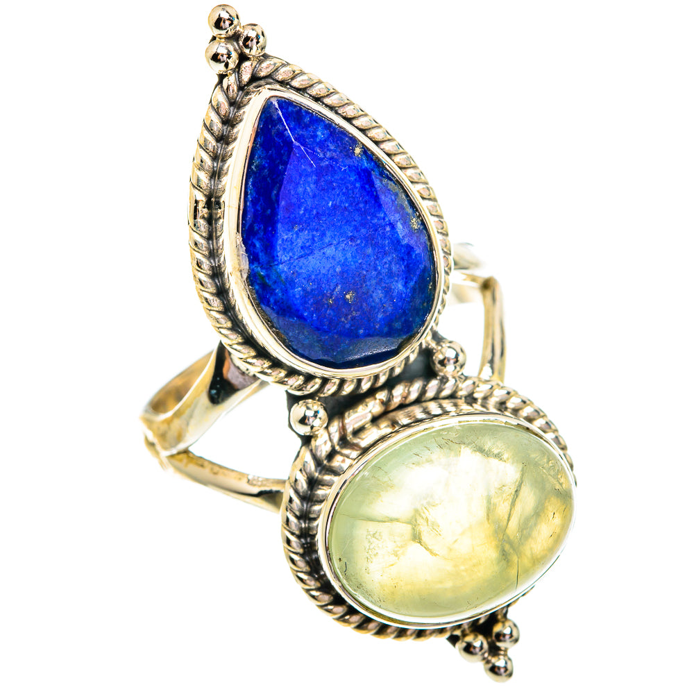 Two-stone sterling silver ring with blue lapis teardrop and green prehnite oval