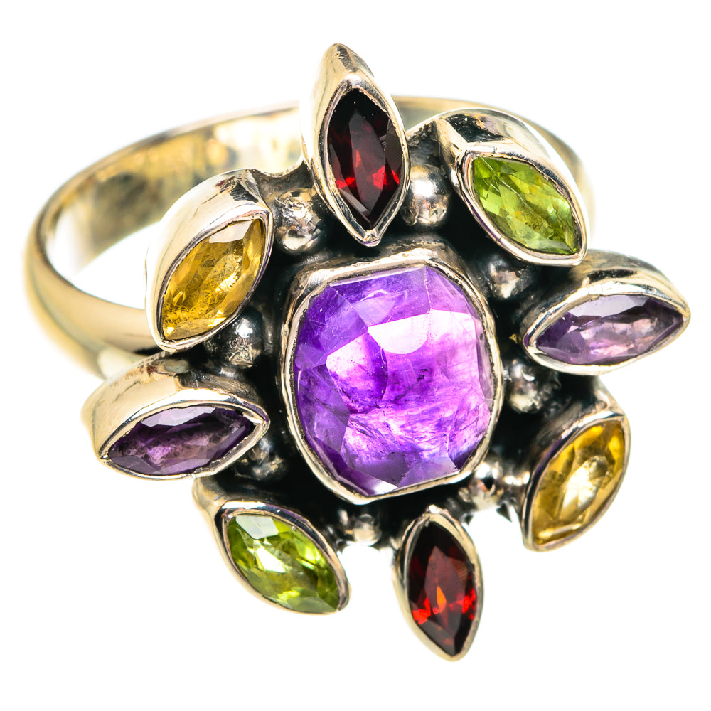 Sterling silver gemstone ring with large purple oval center, oval red, green, yellow stones