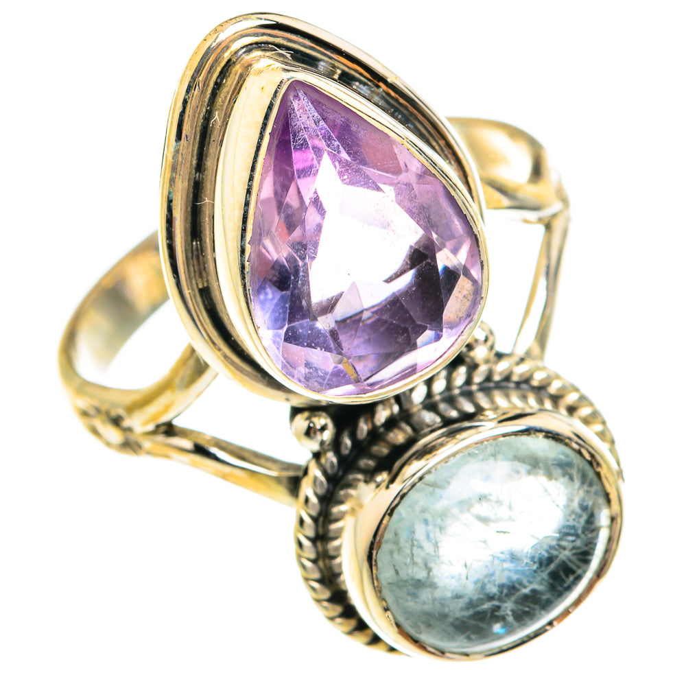 Two-stone silver ring with faceted amethyst and aquamarine, braided metal bezels