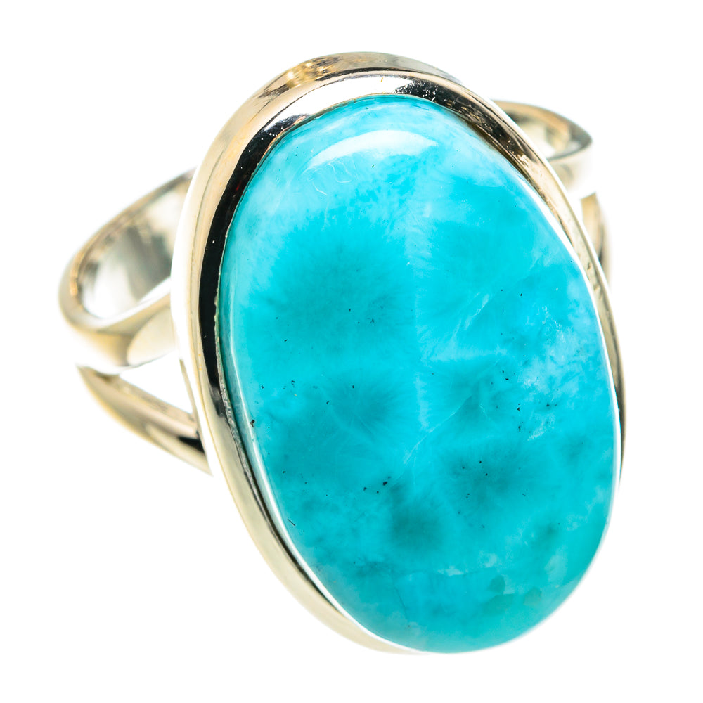Oval larimar gemstone ring in sterling silver, turquoise teardrop bezel, size 6