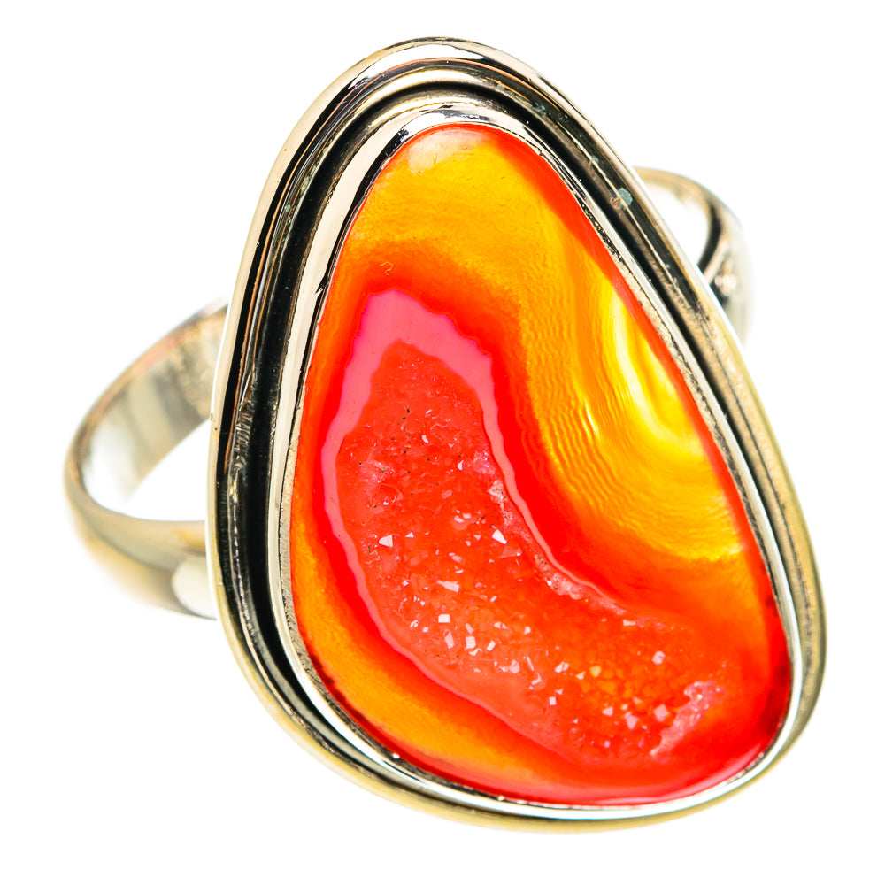 Large red agate drusy ring with teardrop silver bezel and sparkling druzy center