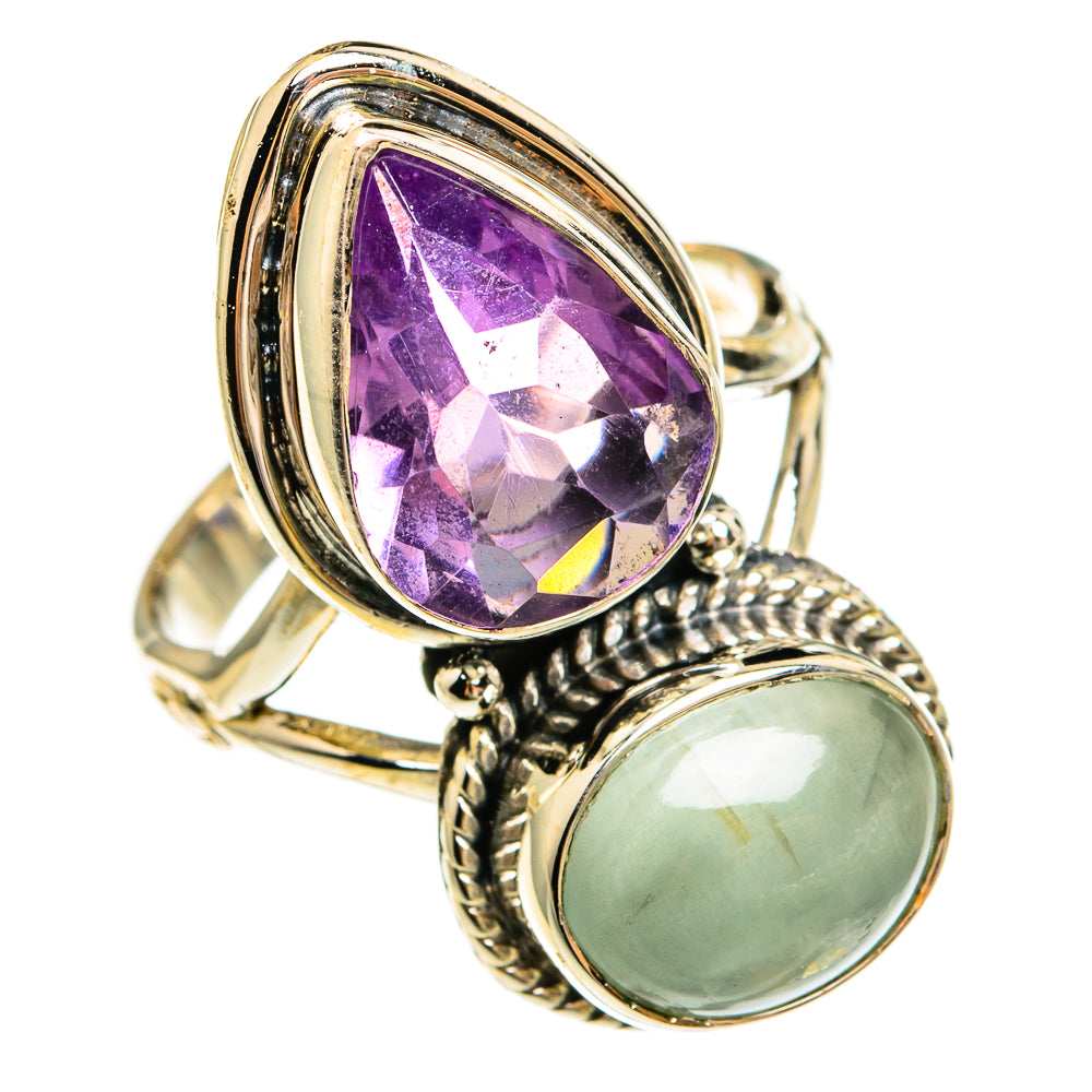 Sterling silver ring with large purple amethyst and pale green aquamarine cabochon