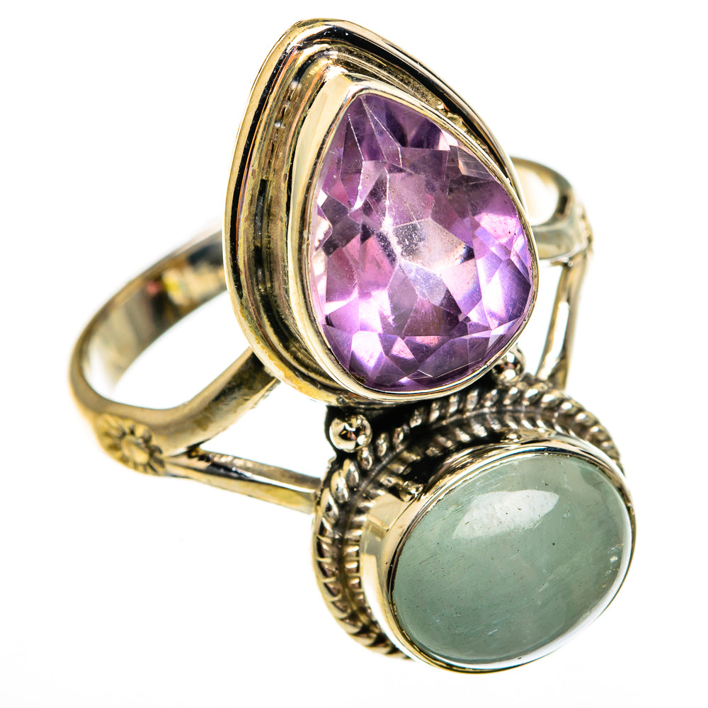 Sterling silver ring with faceted purple amethyst and oval mint aquamarine stones