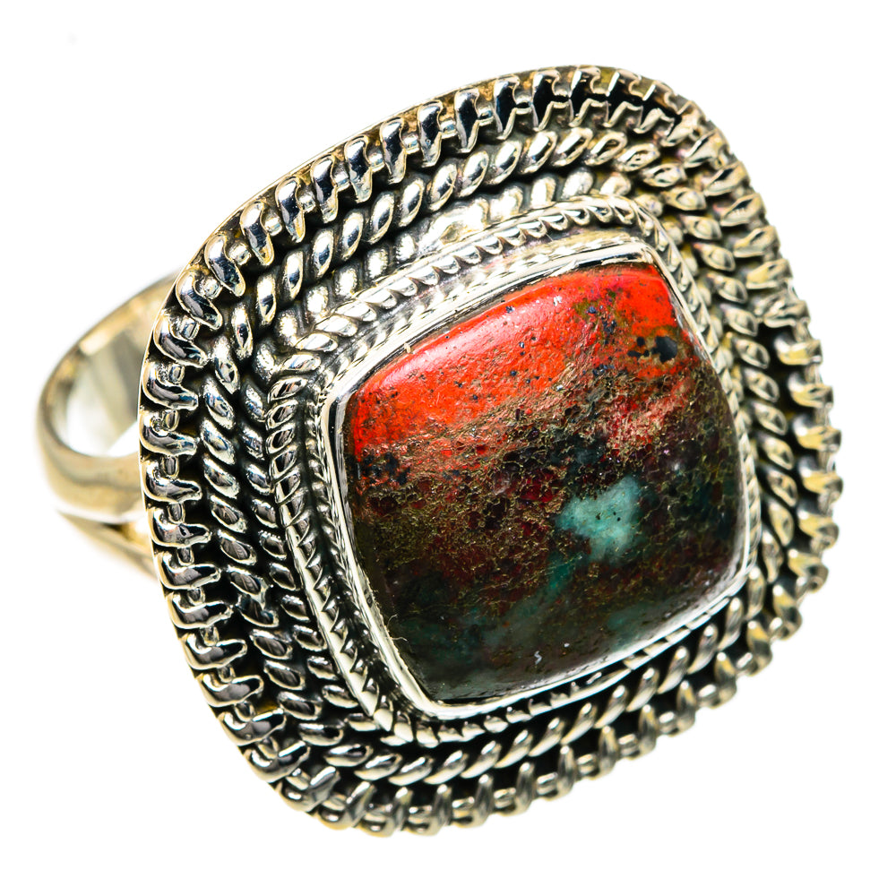 Sterling silver ring with textured setting and Sonora jasper cabochon, red with teal.