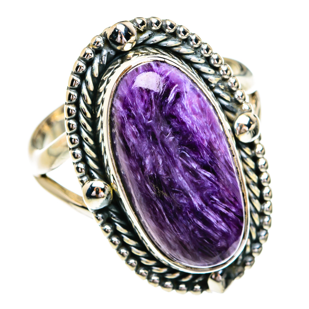 Sterling silver oval charoite ring with purple gemstone bezel and beaded halo