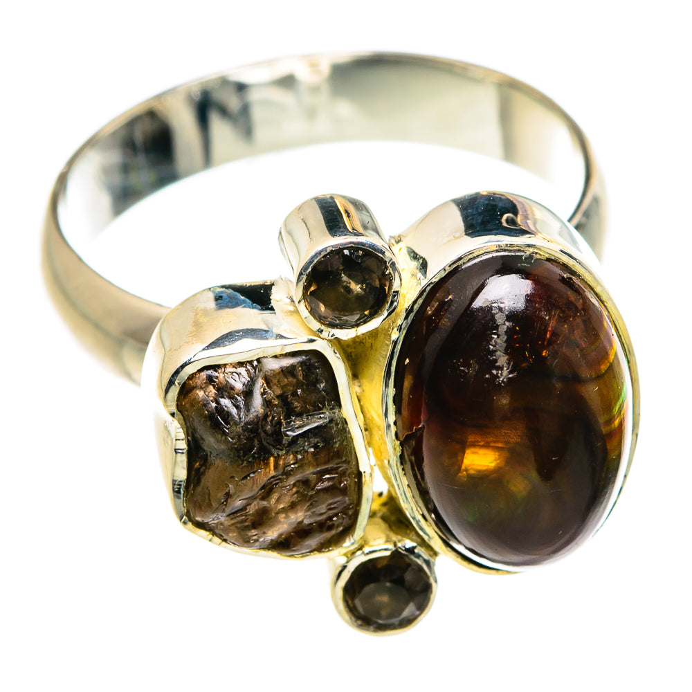 Sterling silver ring with oval fire agate, rough smoky quartz, and two small round stones