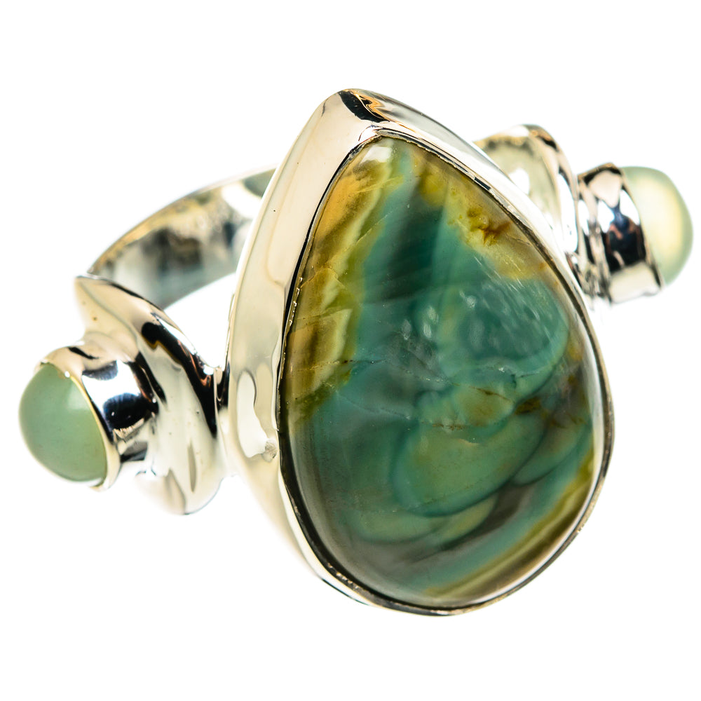 Sterling silver teardrop ring with green marbled stone, side view