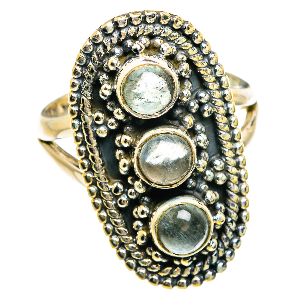 Sterling silver ring featuring three round aquamarine stones with a raised beaded border