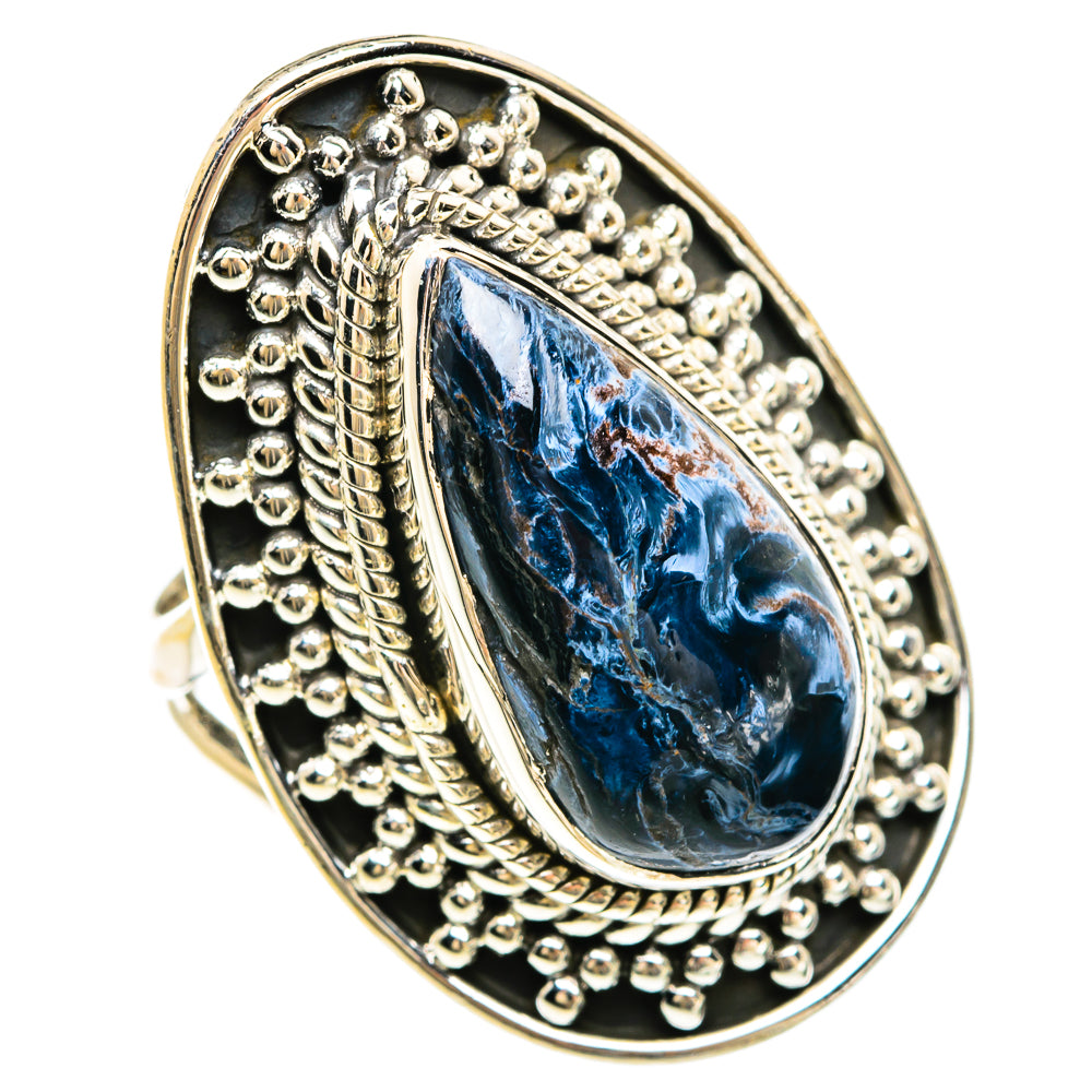 Sterling silver oval pietersite cabochon ring with ornate beaded bezel, blue stone