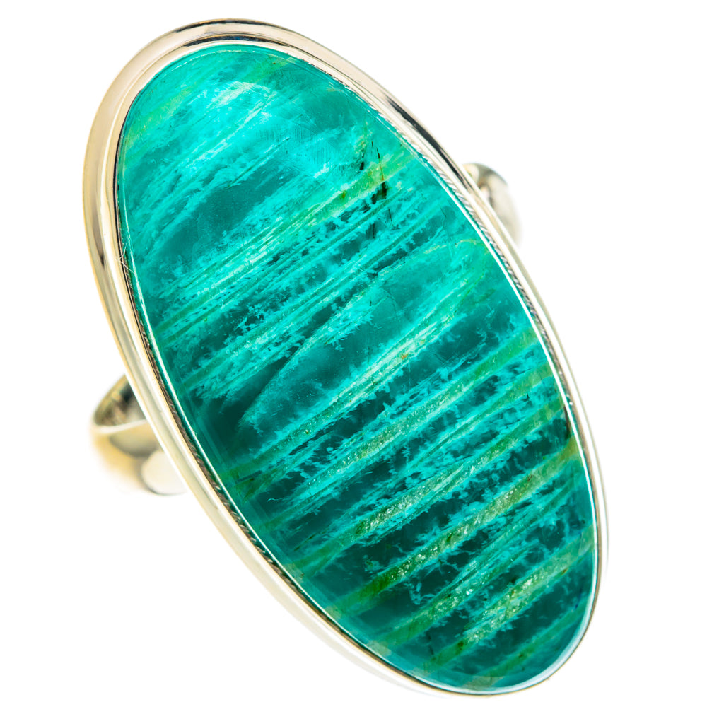 Oval teal amazonite ring with silver shank and polished bezel, stone side view