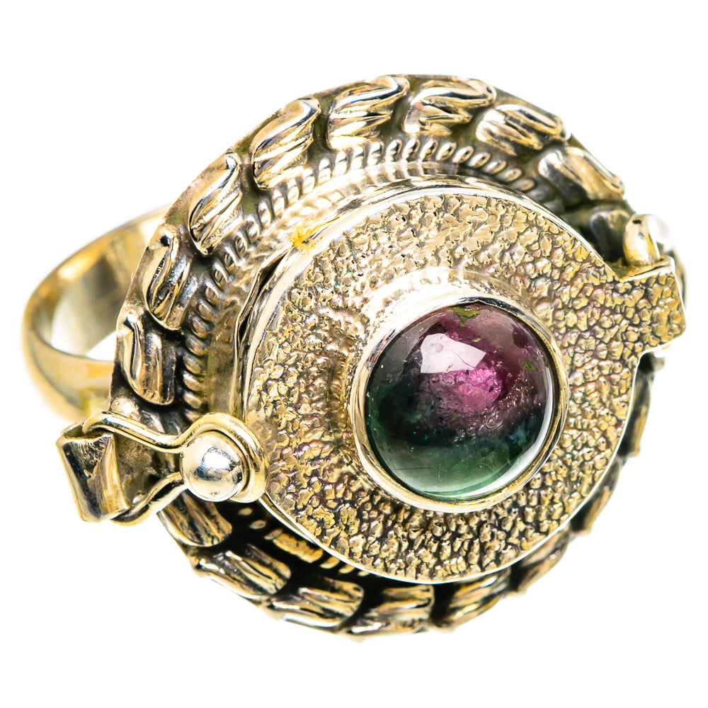 Ornate poison-style ring with oval multicolor watermelon tourmaline center, size 6.75