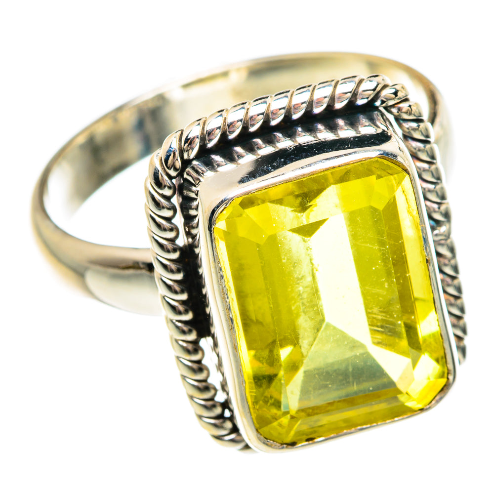 Sterling silver ring with square cushion-cut yellow gemstone and rope bezel detail