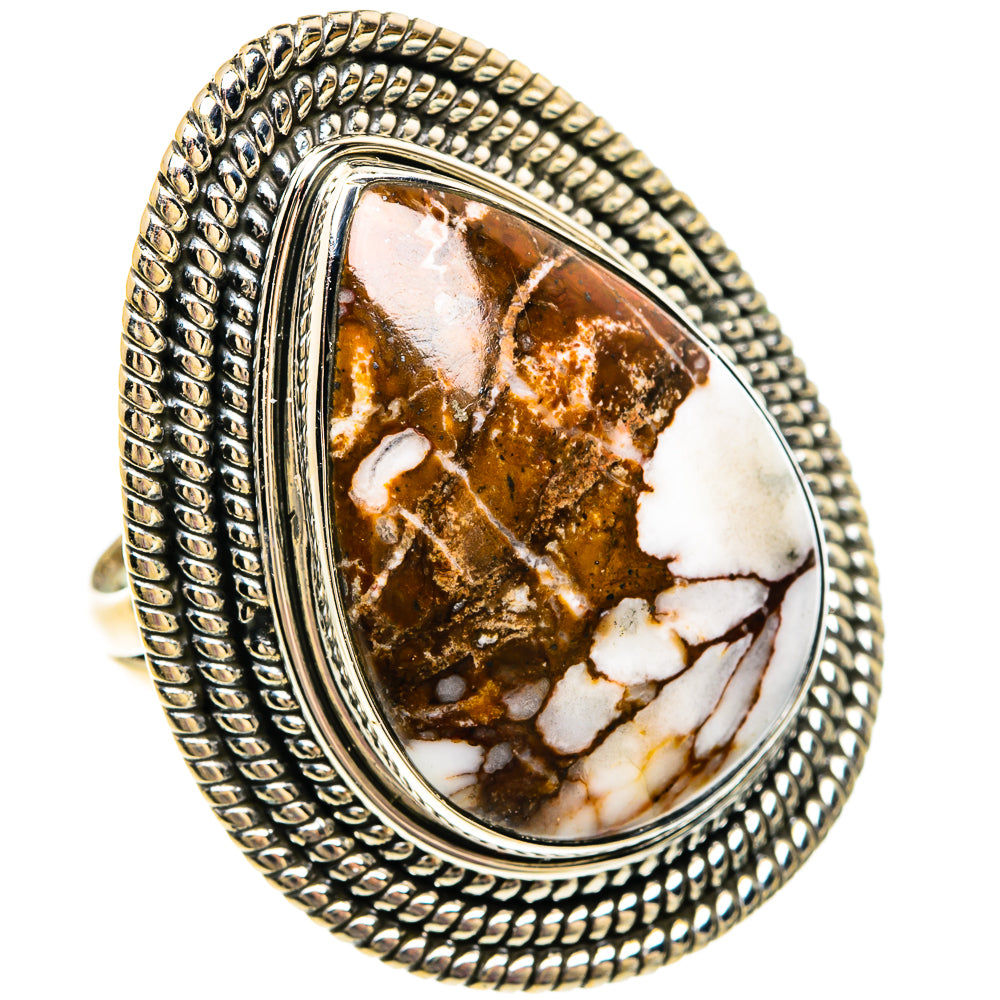 Sterling silver oval jasper ring with brown and white stone, rope bezel