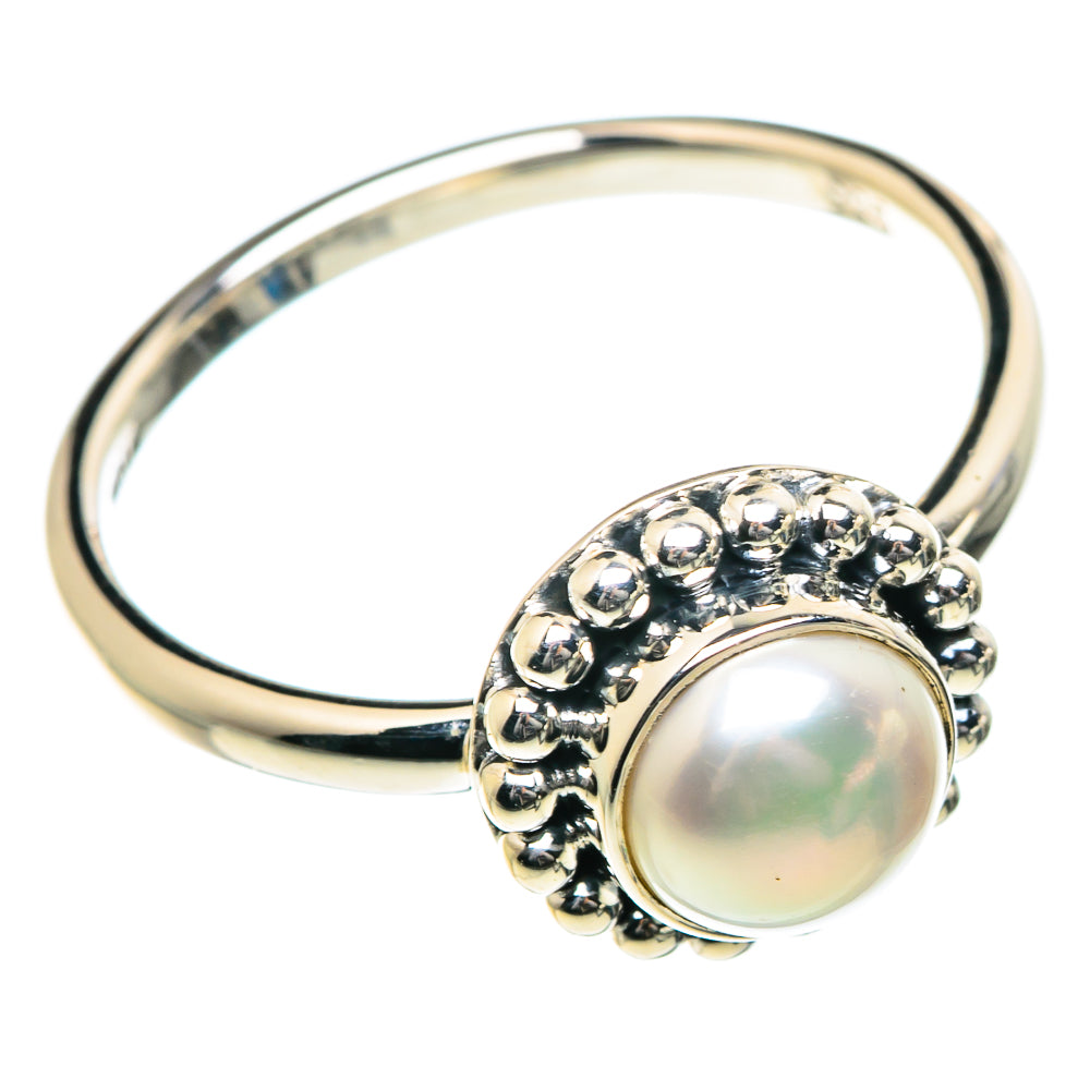 Sterling silver cultured pearl ring, open band with bead-framed round pearl