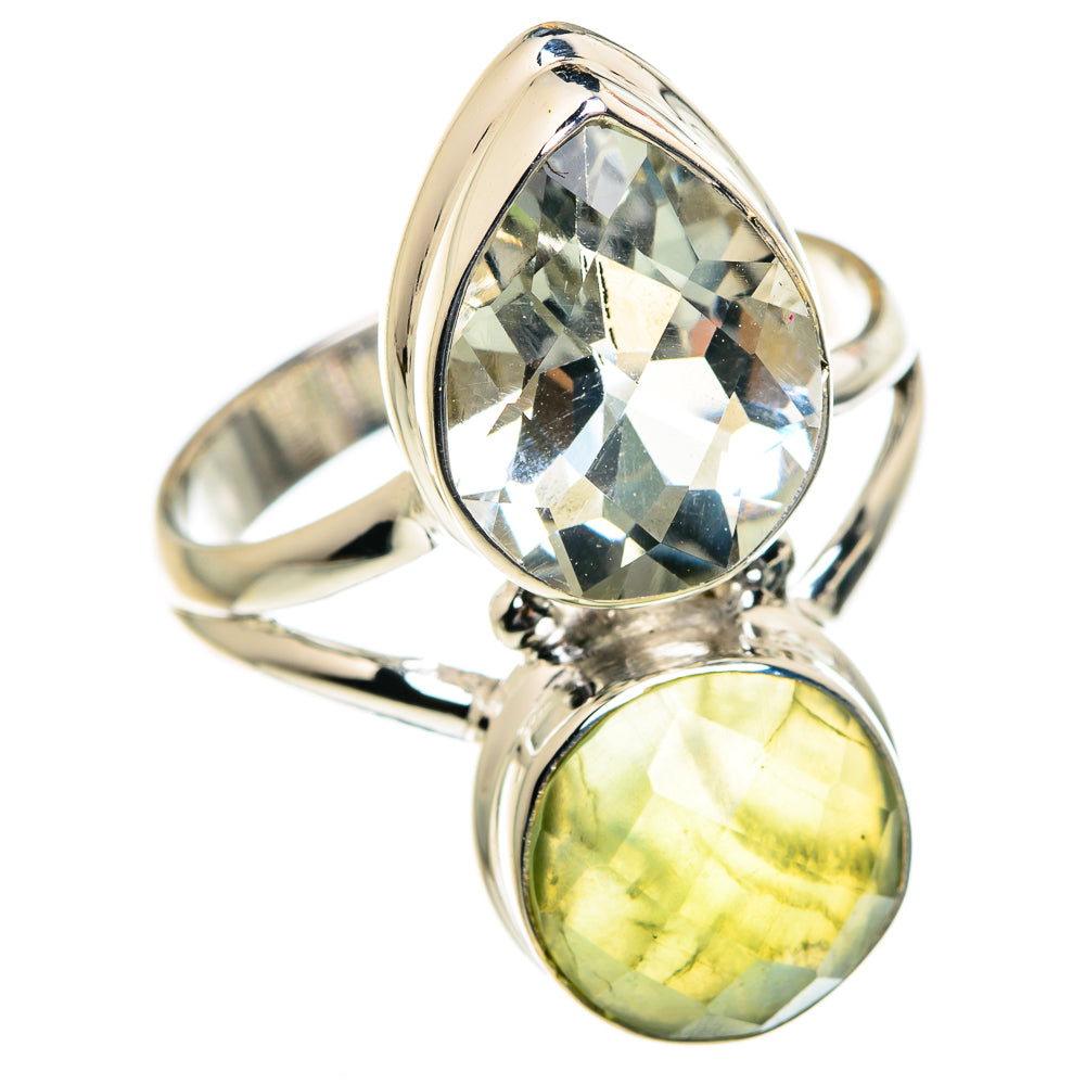 Sterling silver ring with oval clear and light-green gemstones, double-stone setting