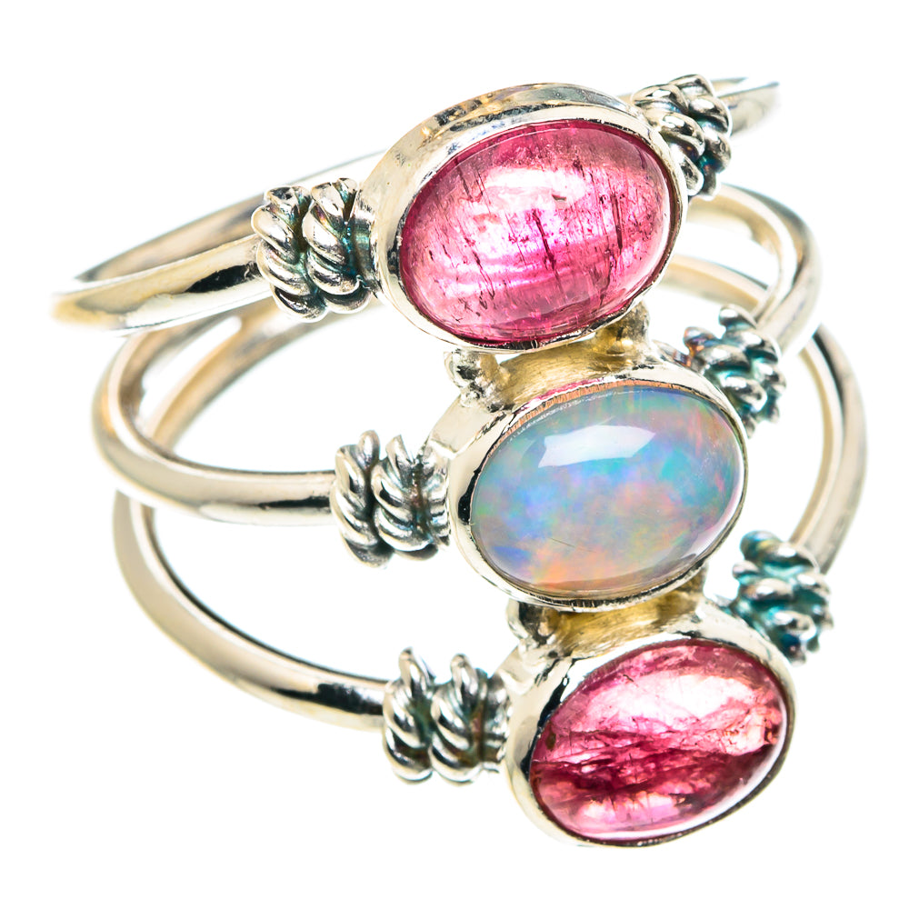 Sterling silver ring with three stacked oval stones: pink tourmaline and opal, size 8