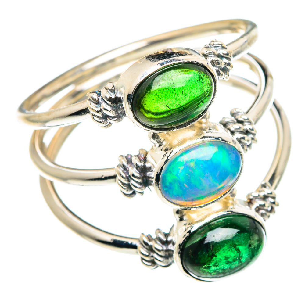 925 sterling silver ring with oval green tourmalines and blue-green opal, ornate prong mounts