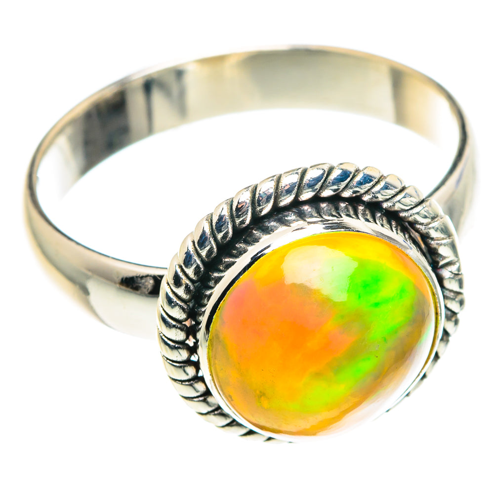 Oval opal sterling silver ring with rope bezel, multicolor glow, size 8.25