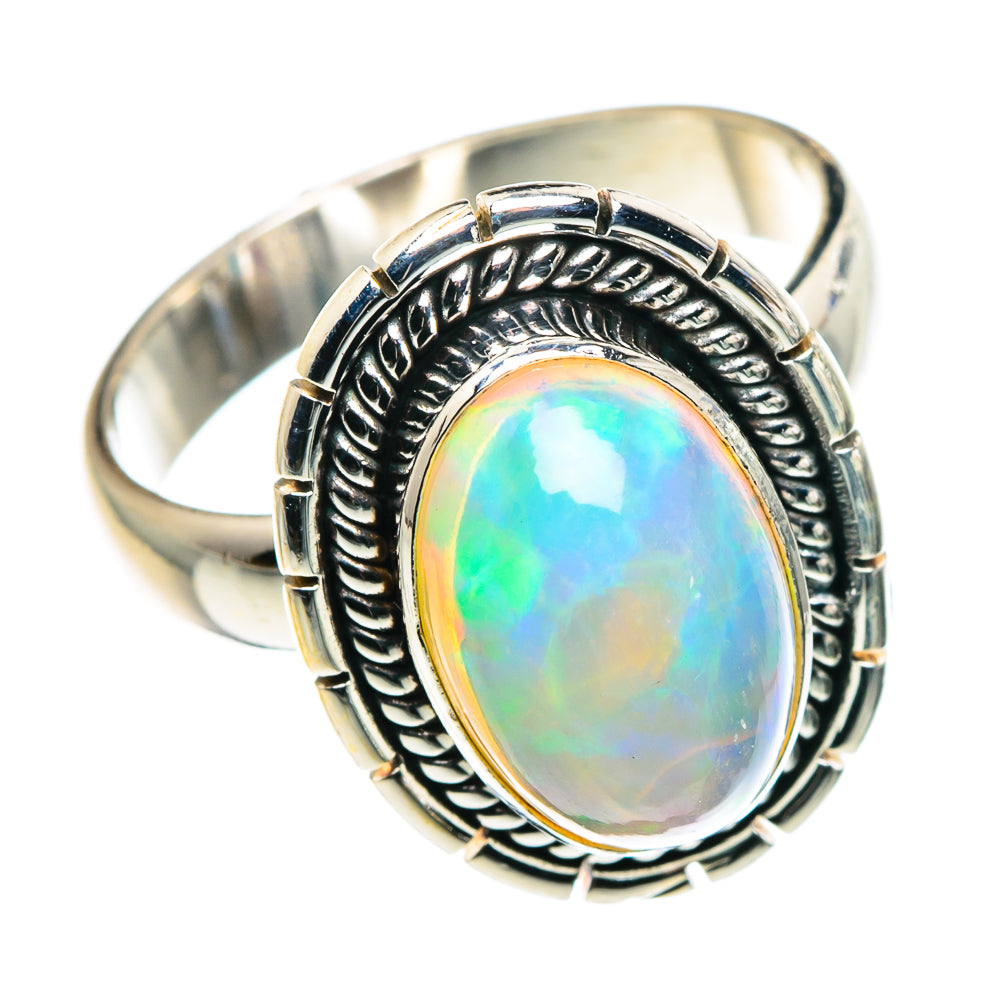925 sterling silver oval opal ring, iridescent Ethiopian opal center with ornate bezel