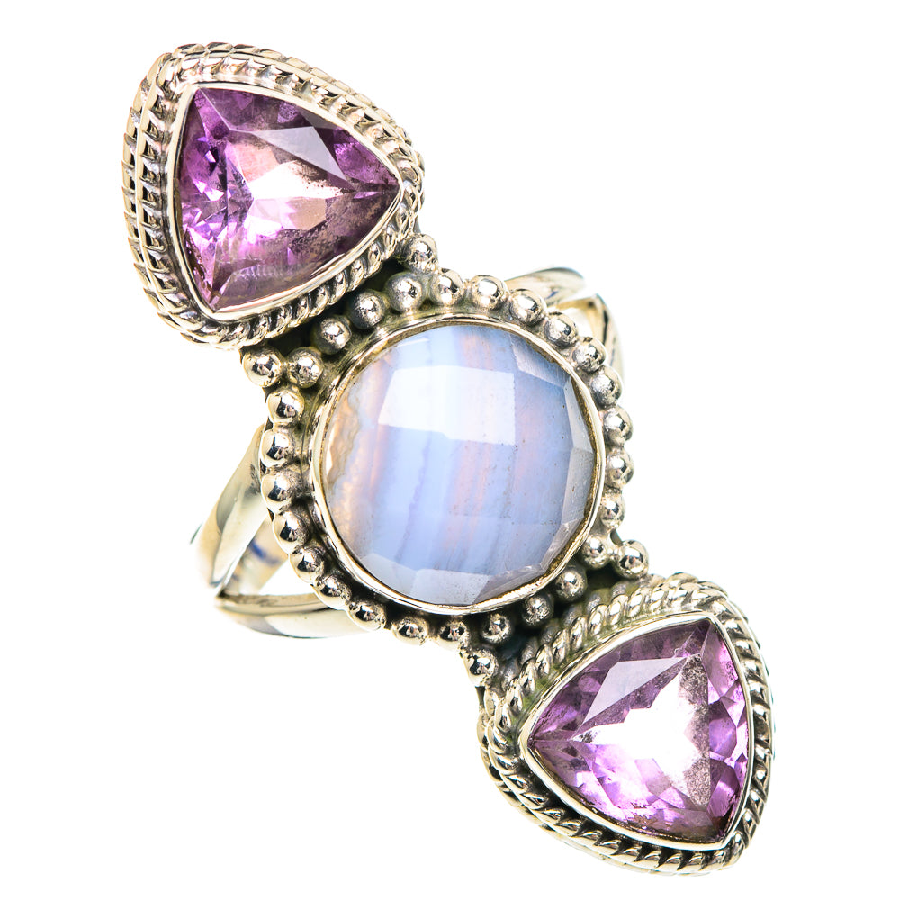 Sterling silver gemstone ring with oval blue stone and two purple teardrop stones