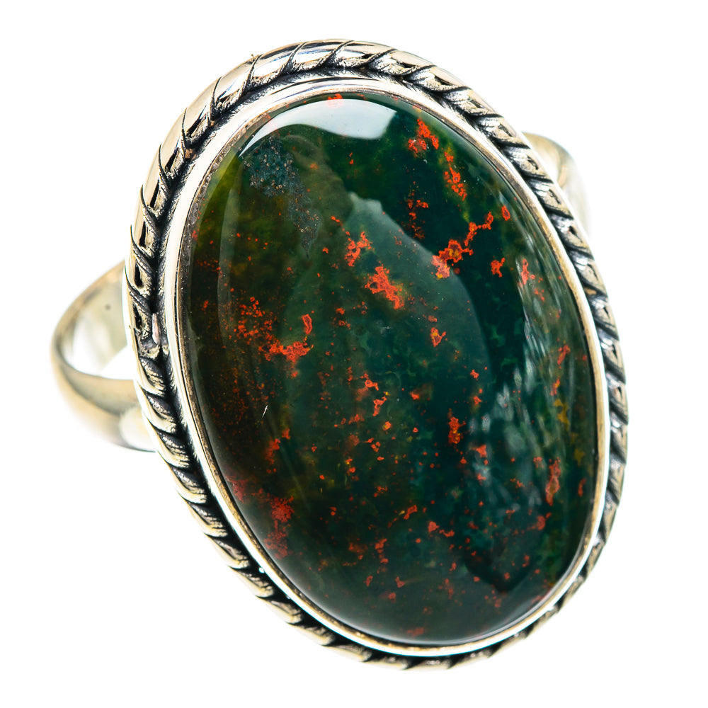 Oval bloodstone ring with green gem and red speckles in rope-style 925 silver bezel
