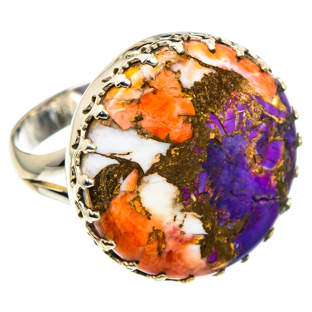 Large oval cabochon gemstone ring with silver band, orange purple white stone in bezel
