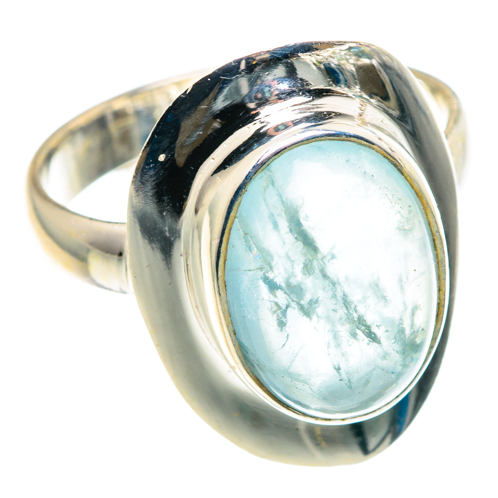 Sterling silver ring with oval aquamarine gemstone, domed black accents, size 9