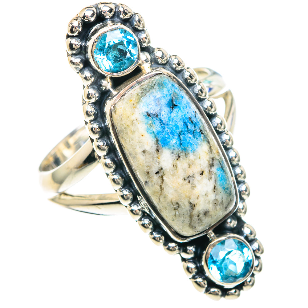 Sterling silver ring, oval blue stone with three blue round accents, size 7.25