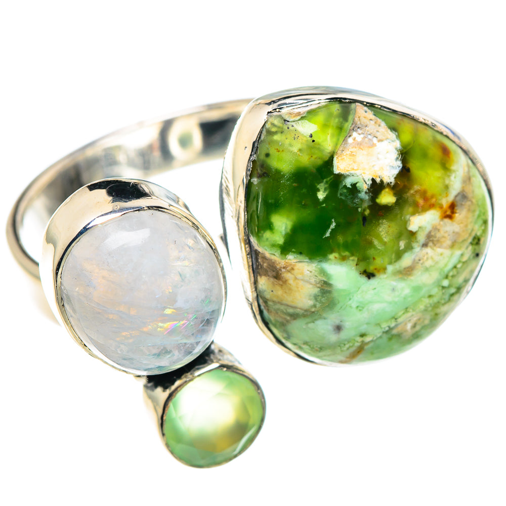 Sterling silver adjustable ring with large oval green cabochon and round opal details