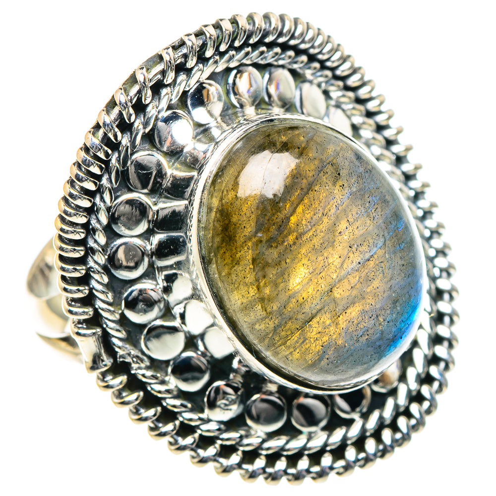 Large 925 sterling silver bezel ring with oval iridescent labradorite, size 8