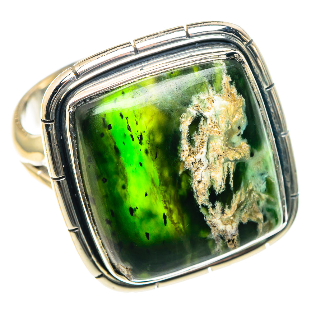 Green opal ring in 925 sterling silver with square cabochon, size 9.25.