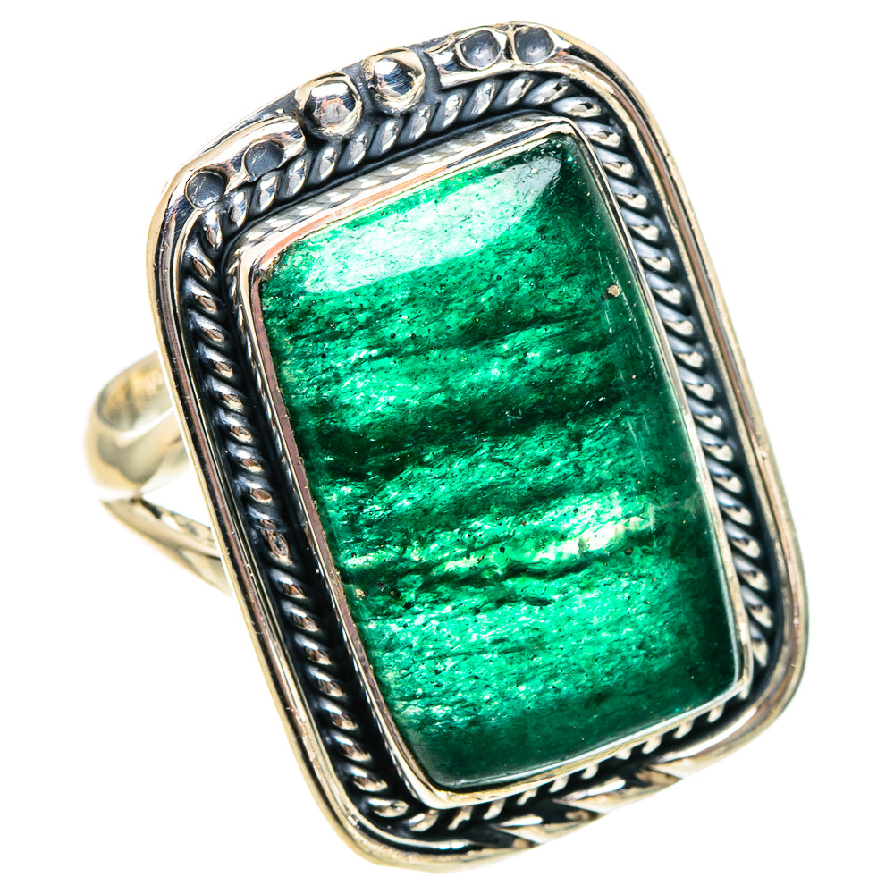 Large sterling silver Aventurine ring with rectangular green gemstone and braided bezel
