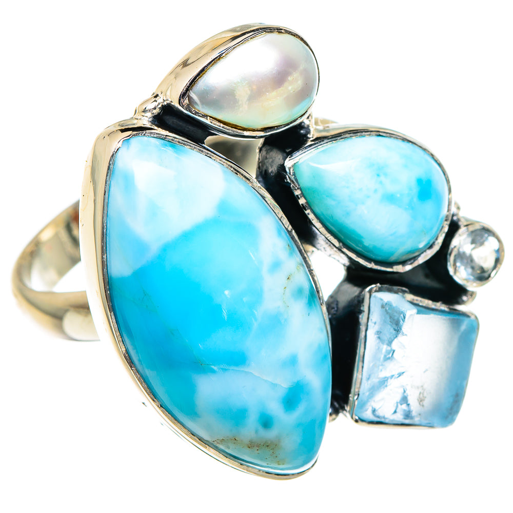 Larimar, Aquamarine, Cultured Pearl, Blue Topaz Rings handcrafted by Ana Silver Co - RING95073