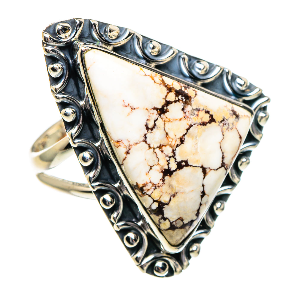 Sterling silver triangular jasper ring with openwork bezel and white stone with brown veining