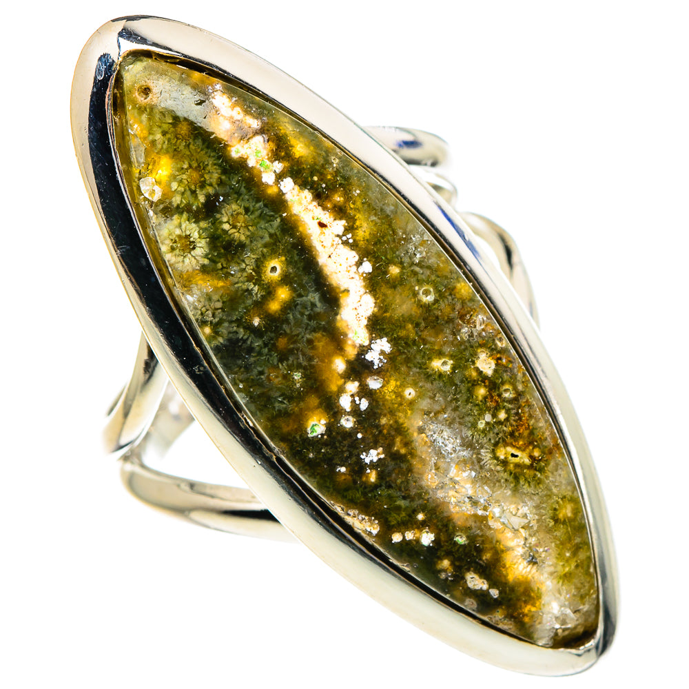 Oval ocean jasper statement ring in sterling silver, green speckled stone bezel