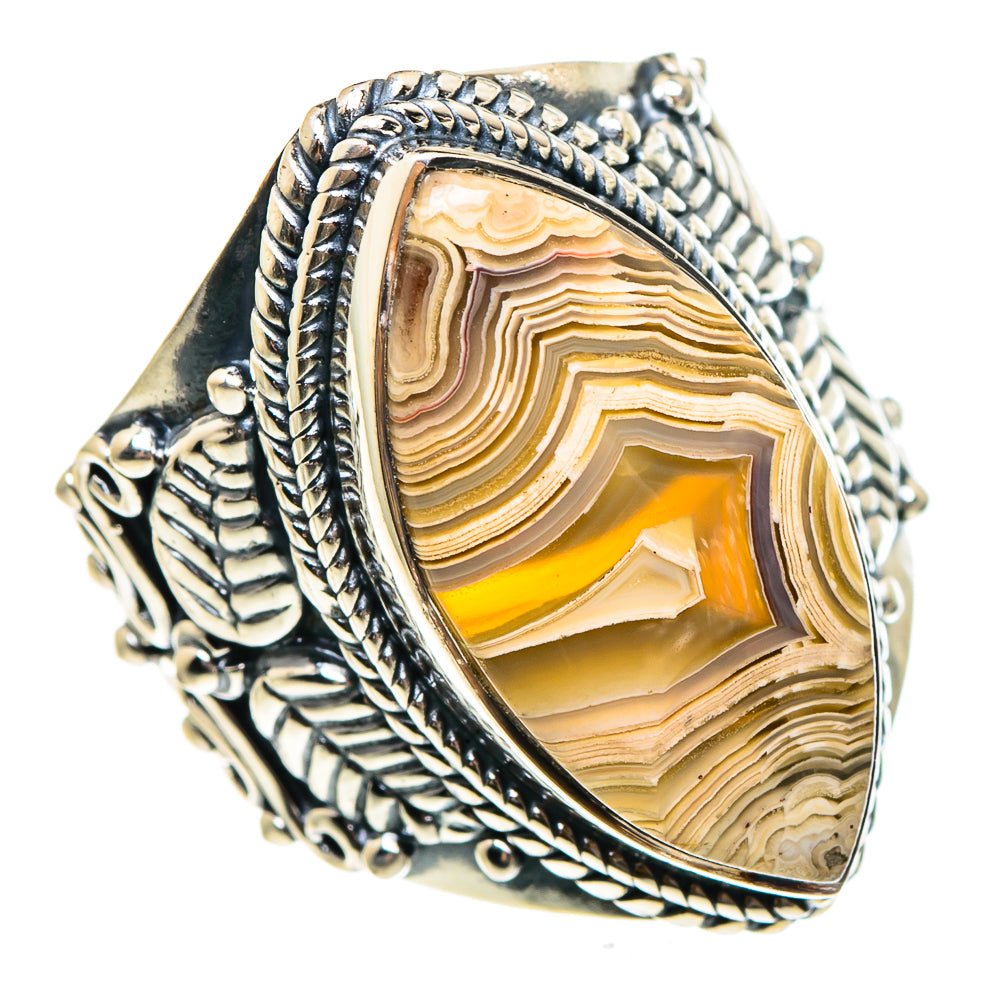 Large oval lace agate ring with silver rope bezel and ornate filigree band