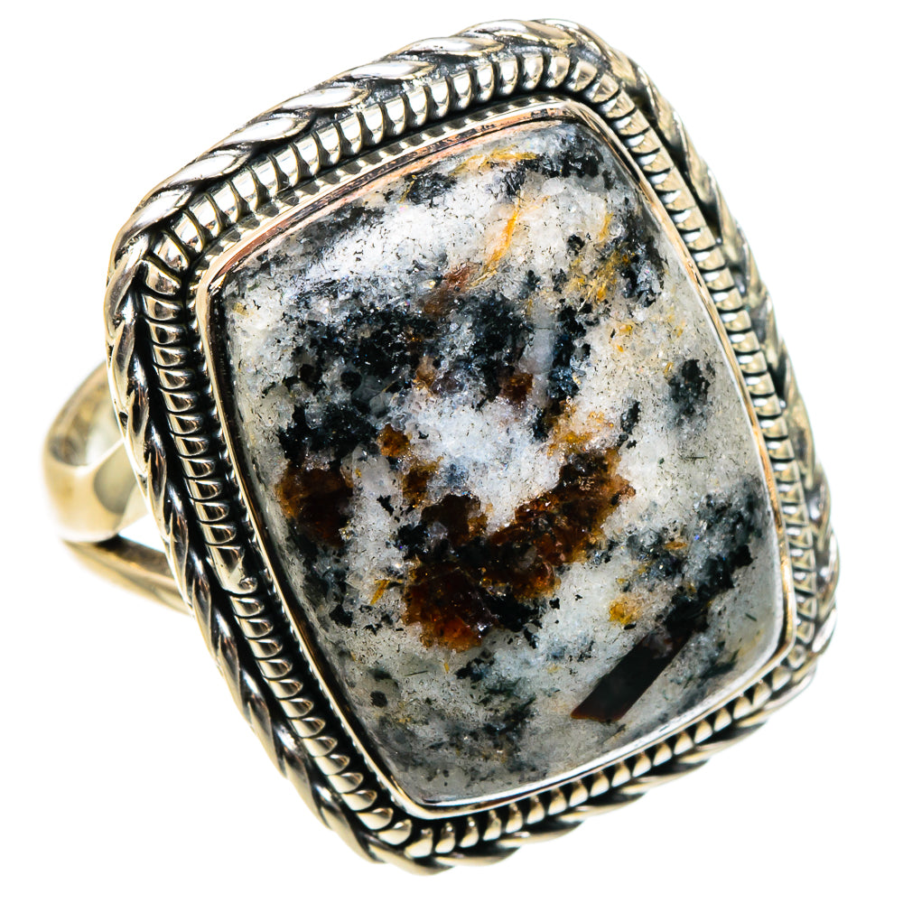 Large sterling silver ring with rectangular astrophyllite stone, rope border bezel